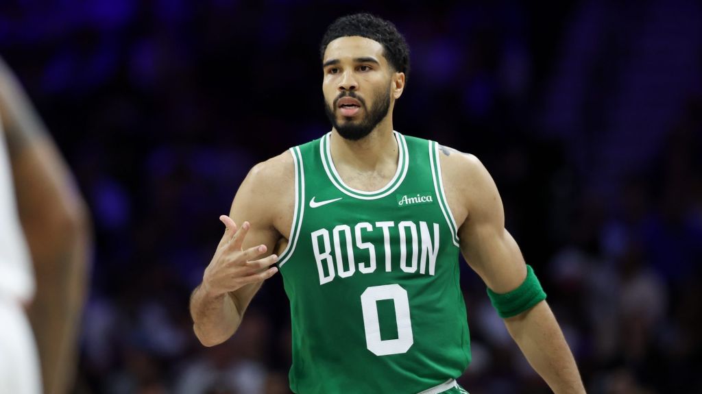 Apr 30, 2026; Philadelphia, Pennsylvania, USA; Boston Celtics forward Jayson Tatum (0) reacts to his score against the Philadelphia 76ers during the second quarter at Xfinity Mobile Arena