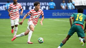 May 31, 2026; Charlotte, North Carolina, USA; United States midfielder Gio Reyna (7) with the ball in the first half at Bank of America Stadium