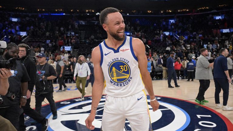FILE PHOTO: Golden State Warriors guard Stephen Curry (30) smiles on the court after defeating the Los Angeles Clippers during the play-in rounds of the 2026 NBA Playoffs at Intuit Dome.