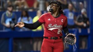 Jun 1, 2026; Oklahoma City, OK, USA; Texas Tech Red Raiders pitcher Nijaree Canady (24) points after a strikeout in the fifth inning against the Alabama Crimson Tide during the NCAA Women’s College World Series at Devon Park. Mandatory Credit: Brett Rojo-Imagn Images