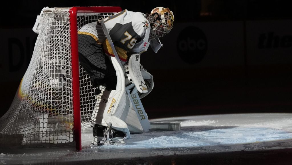 Jun 2, 2026; Raleigh, North Carolina, USA; Vegas Golden Knights goaltender Carter Hart (79) prepares for the fdfirst period against the Carolina Hurricanes in game one of the 2026 Stanley Cup Final at Lenovo Center