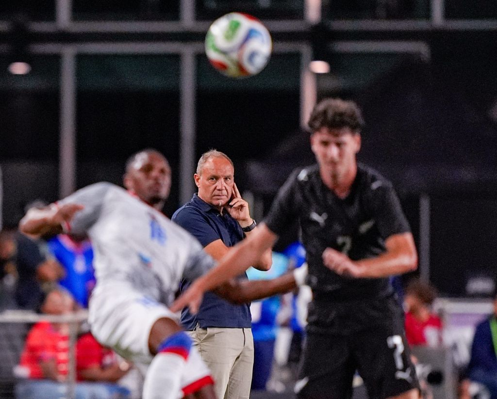 Jun 2, 2026; Fort Lauderdale, Florida, USA; Haiti manager Sebastien Migne watches his team against New Zealand during the second half at Chase Stadium