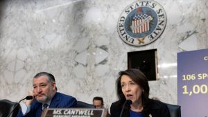 Sen. Ted Cruz (R-TX) listens as Sen. Maria Cantwell (D-WA) speaks during a hearing on the “Protect College Sports Act” before the Senate Commerce Committee, on Capitol Hill in Washington, D.C., U.S., June 3, 2026. REUTERS/Evan Vucci