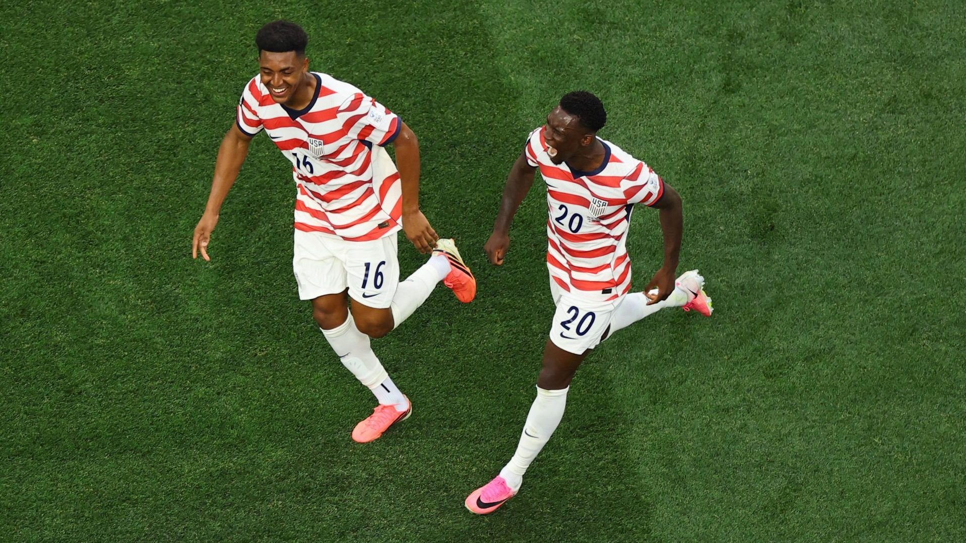 Soccer Football - FIFA World Cup 2026 - Group D - United States v Paraguay - Los Angeles Stadium, Inglewood, California, U.S. - June 12, 2026 Folarin Balogun of the U.S. celebrates scoring their second goal with Alex Freeman