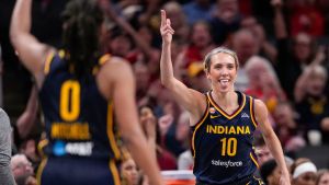 Indiana Fever guard Lexie Hull (10) celebrates a three-point basket Monday, June 22, 2026, during the game at Gainbridge Fieldhouse in Indianapolis. The Indiana Fever defeated the Phoenix Mercury, 86-77