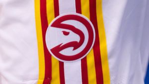 Nov 3, 2024; New Orleans, Louisiana, USA; Detailed view of the Atlanta Hawks logo during warmups before the game against the New Orleans Pelicans at Smoothie King Center. Mandatory Credit: Stephen Lew-Imagn Images