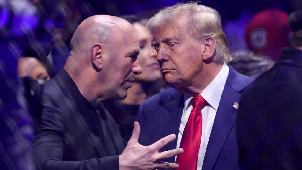 Nov 16, 2024; New York, NY, USA; UFC CEO Dana White (left) talks to President-elect Donald Trump ringside during UFC 309 at Madison Square Garden. Mandatory Credit: Brad Penner-Imagn Images