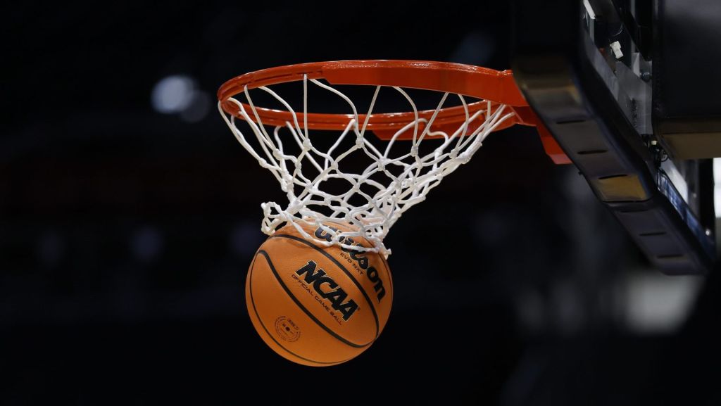 Mar 16, 2026; Dayton, OH, USA; Detailed view of the “NCAA” logo during the Howard Bison a practice session ahead of the first four of the men's 2026 NCAA Tournament at University of Dayton Arena.