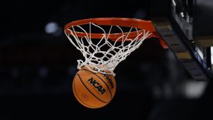 Mar 16, 2026; Dayton, OH, USA; Detailed view of the “NCAA” logo during the Howard Bison a practice session ahead of the first four of the men's 2026 NCAA Tournament at University of Dayton Arena.