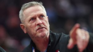 Apr 2, 2026; Portland, Oregon, USA; Tom Dundon, the new owner of the Portland Trail Blazers, before a game between the Portland Trail Blazers and the New Orleans Pelicans at Moda Center. Mandatory Credit: Troy Wayrynen-Imagn Images