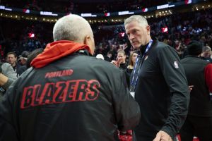 Apr 2, 2026; Portland, Oregon, USA; Tom Dundon, owner of the Portland Trail Blazers, visits with fans after a game against the New Orleans Pelicans at Moda Center.