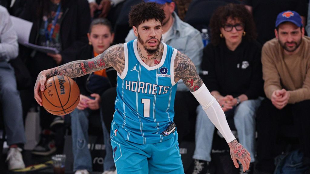 Apr 12, 2026; New York, New York, USA; Charlotte Hornets guard LaMelo Ball (1) dribbles up court against the New York Knicks during the first half at Madison Square Garden. Mandatory Credit: Vincent Carchietta-Imagn Images