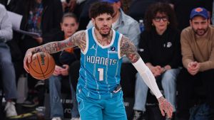 Apr 12, 2026; New York, New York, USA; Charlotte Hornets guard LaMelo Ball (1) dribbles up court against the New York Knicks during the first half at Madison Square Garden. Mandatory Credit: Vincent Carchietta-Imagn Images