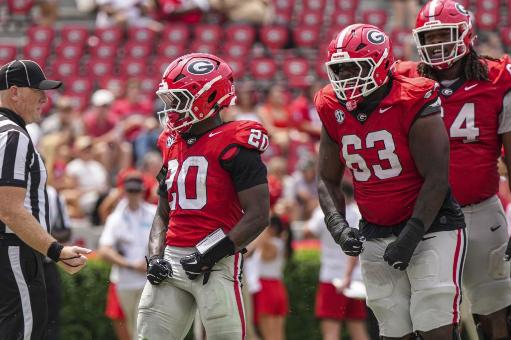 Apr 18, 2026; Athens, GA, USA; Georgia Bulldogs running back Dwight Phillips Jr reacts after scoring a touchdown during the Georgia Spring football game at Sanford Stadium.