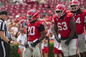 Apr 18, 2026; Athens, GA, USA; Georgia Bulldogs running back Dwight Phillips Jr reacts after scoring a touchdown during the Georgia Spring football game at Sanford Stadium.