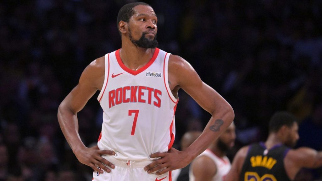 Apr 21, 2026; Los Angeles, California, USA; Houston Rockets forward Kevin Durant (7) looks on from the court in the second half of game two of the first round of the 2026 NBA Playoffs against the Los Angeles Lakers at Crypto.com Arena. Mandatory Credit: Jayne Kamin-Oncea-Imagn Images