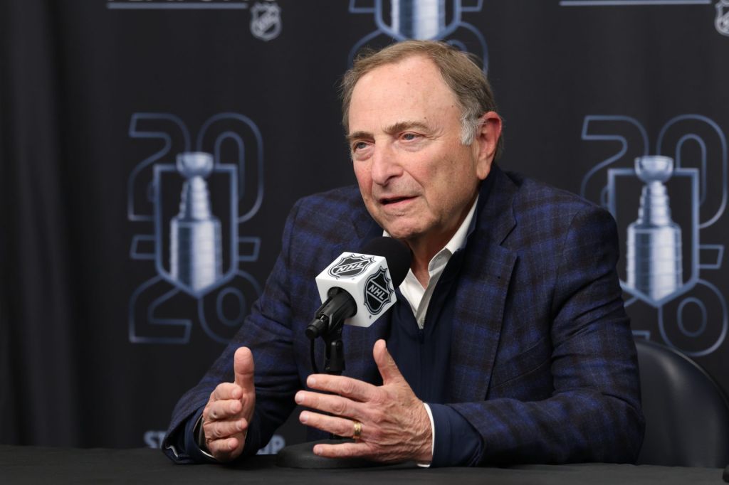 Apr 24, 2026; Salt Lake City, Utah, USA; NHL commissioner Gary Bettman speaks to the media before game three of the first round of the 2026 Stanley Cup Playoffs between the Utah Mammoth and the Vegas Golden Knights at Delta Center.