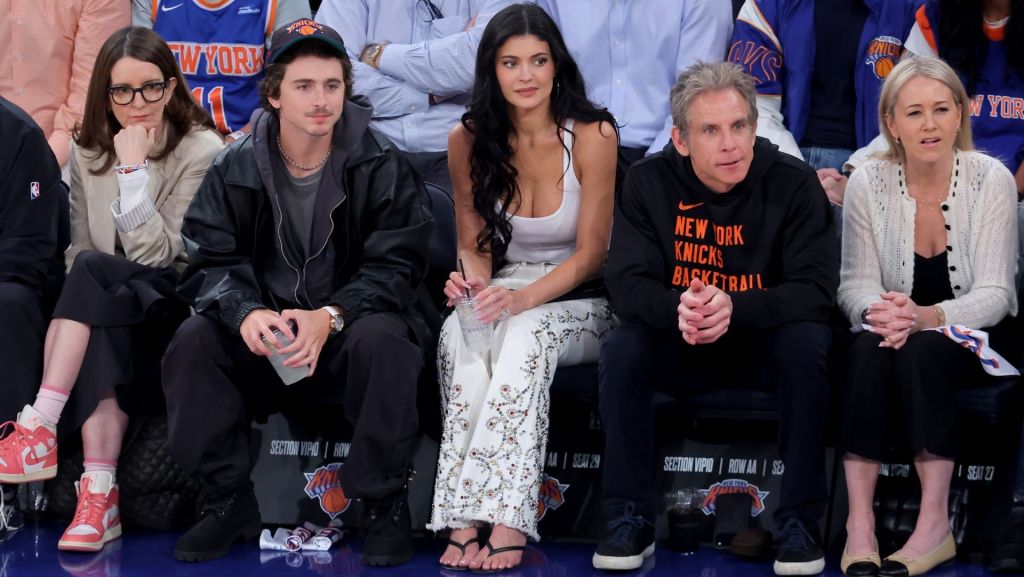 Apr 28, 2026; New York, New York, USA; Left to right: Tina Fey and Timothee Chalamet and Kylie Jenner and Ben Stiller and Christine Taylor sit court side during the first quarter of game five of the first round of the 2026 NBA Playoffs between the New York Knicks and Atlanta Hawks at Madison Square Garden. Mandatory Credit: Brad Penner-Imagn Images
