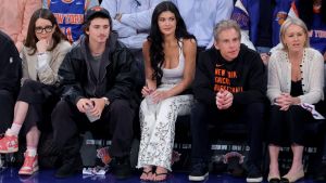 Apr 28, 2026; New York, New York, USA; Left to right: Tina Fey and Timothee Chalamet and Kylie Jenner and Ben Stiller and Christine Taylor sit court side during the first quarter of game five of the first round of the 2026 NBA Playoffs between the New York Knicks and Atlanta Hawks at Madison Square Garden. Mandatory Credit: Brad Penner-Imagn Images