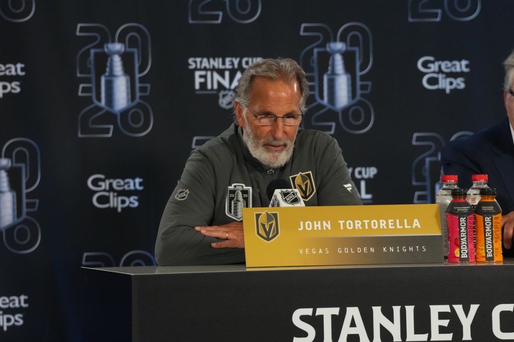 Jun 1, 2026; Raleigh, North Carolina, USA; Vegas Golden Knights head coach John Tortorella during media day for the 2026 Stanley Cup Final at Lenovo Center.