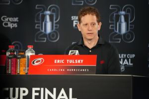 Jun 1, 2026; Raleigh, North Carolina, USA; Carolina Hurricanes general manger Eric Tlulsky during media day for the 2026 Stanley Cup Final at Lenovo Center.