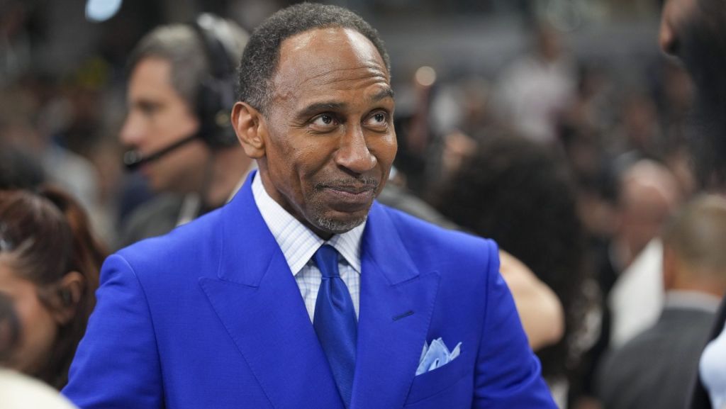 Jun 5, 2026; San Antonio, Texas, USA; Stephen A. Smith looks on before the game between the San Antonio Spurs and the New York Knicks in game two of the 2026 NBA Finals at Frost Bank Center. Mandatory Credit: Scott Wachter-Imagn Images