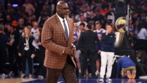 Jun 8, 2026; New York, New York, USA; Television analyst and hall of fame basketball player Shaquille O'Neal walks on the court before game three of the 2026 NBA Finals between the San Antonio Spurs and New York Knicks at Madison Square Garden. Mandatory Credit: Geoff Burke-Imagn Images
