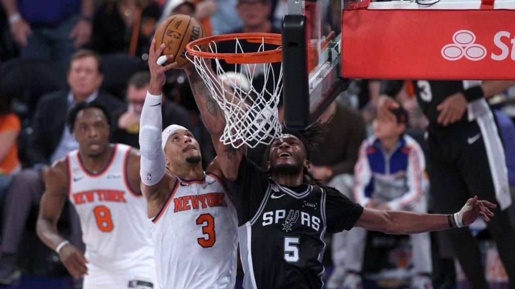 Jun 8, 2026; New York, New York, USA; New York Knicks guard Josh Hart (3) shoots against San Antonio Spurs guard Stephon Castle (5) in the third quarter during game three of the 2026 NBA Finals at Madison Square Garden.