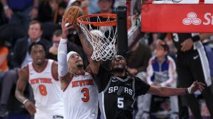 Jun 8, 2026; New York, New York, USA; New York Knicks guard Josh Hart (3) shoots against San Antonio Spurs guard Stephon Castle (5) in the third quarter during game three of the 2026 NBA Finals at Madison Square Garden.