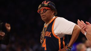 Jun 8, 2026; New York, New York, USA; Director Spike Lee watches courtside during game three of the 2026 NBA Finals between the New York Knicks and San Antonio Spurs at Madison Square Garden. Mandatory Credit: Geoff Burke-Imagn Images
