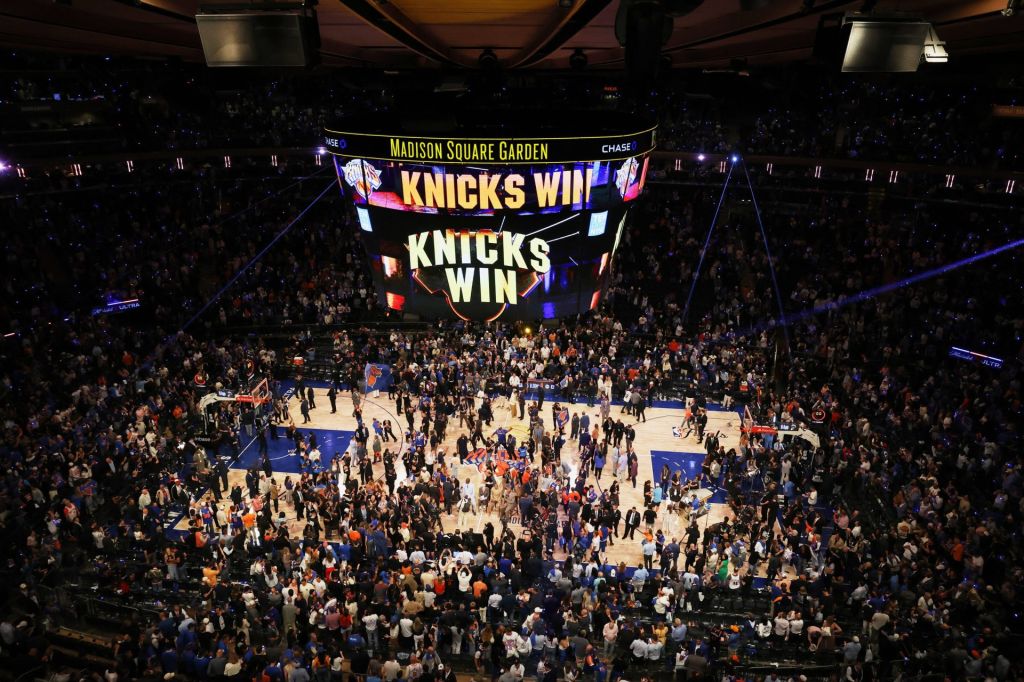 Jun 10, 2026; New York, New York, USA; A general view of the court and videoboard after game four of the 2026 NBA Finals between the San Antonio Spurs and New York Knicks at Madison Square Garden.