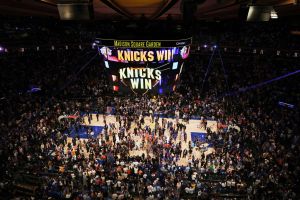 Jun 10, 2026; New York, New York, USA; A general view of the court and videoboard after game four of the 2026 NBA Finals between the San Antonio Spurs and New York Knicks at Madison Square Garden.