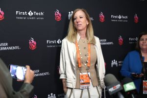Jun 11, 2026; Portland, Oregon, USA; WNBA Commissioner Cathy Engelbert meets with the working media before Portland Fire against the Las Vegas Aces at Moda Center.