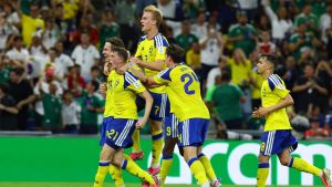 June 14, 2026; Monterrey, Mexico; Sweden's Mattias Svanberg celebrates scoring their fourth goal with teammates following a VAR check.
