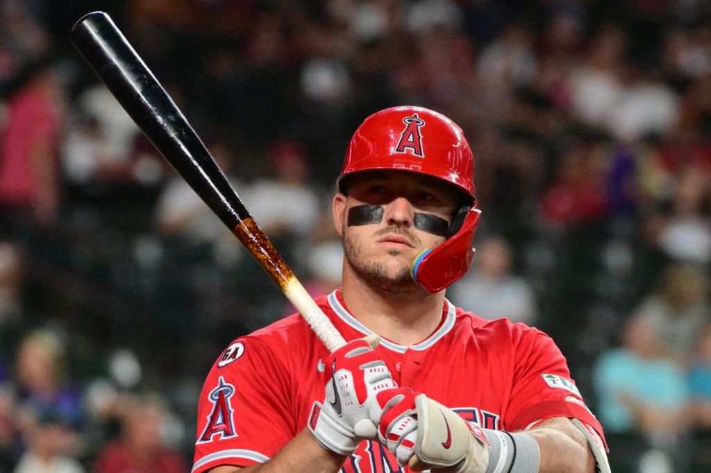 Jun 16, 2026; Phoenix, Arizona, USA; Los Angeles Angels center fielder Mike Trout (27) looks on in the first inning against the Arizona Diamondbacks at Chase Field.