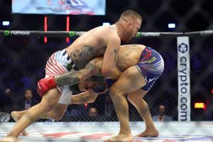 Jun 14, 2026; Washington, D.C., USA; Justin Gaethje (blue gloves) fights Ilia Topuria (red gloves) during the UFC Freedom 250 at the White House South Lawn.