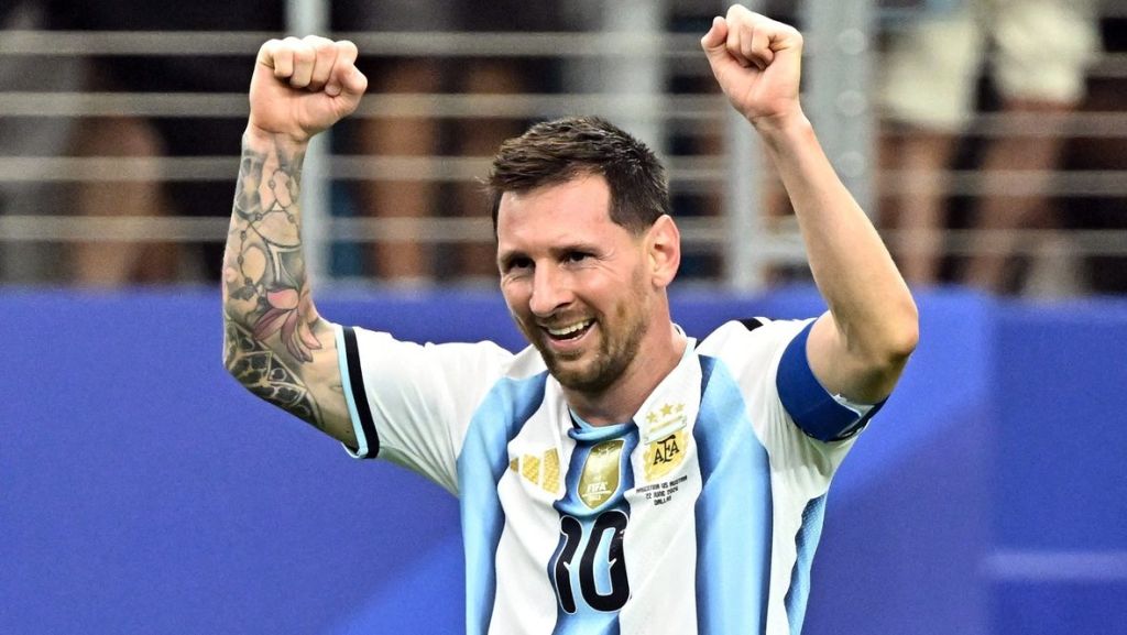 June 22, 2026; Arlington, Texas, U.S.; Argentina's Lionel Messi celebrates scoring their second goal. Mandatory Credit: Maria Lysaker-Imagn Images