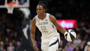 Jun 17, 2026; Phoenix, Arizona, USA; Las Vegas Aces guard Chelsea Gray (12) against the Phoenix Mercury at Mortgage Matchup Center. Mandatory Credit: Mark J. Rebilas-Imagn Images