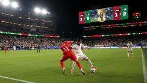 June 22, 2026; Santa Clara, California, U.S.; Algeria's Anis Hadj Moussa in action with Jordan's Odeh Fakhoury. Mandatory Credit: David Gonzales-Imagn Images