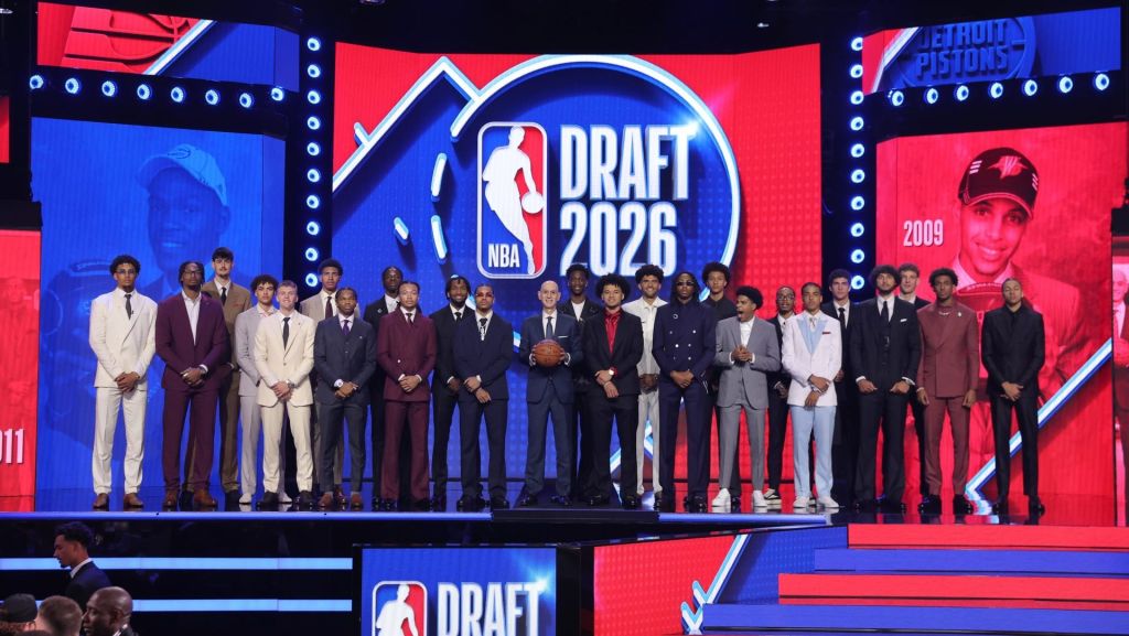 Jun 23, 2026; New York, NY, USA; NBA commissioner Adam Silver poses with 2026 draft prospects before the NBA Draft at Barclays Center. Mandatory Credit: Brad Penner-Imagn Images