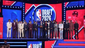 Jun 23, 2026; New York, NY, USA; NBA commissioner Adam Silver poses with 2026 draft prospects before the NBA Draft at Barclays Center. Mandatory Credit: Brad Penner-Imagn Images