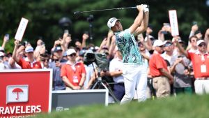 Jun 28, 2026; Cromwell, Connecticut, USA; Viktor Hovland follows his drive on the 1st hole during the final round of the Travelers Championship golf tournament. Mandatory Credit: John Dufour-Imagn Images