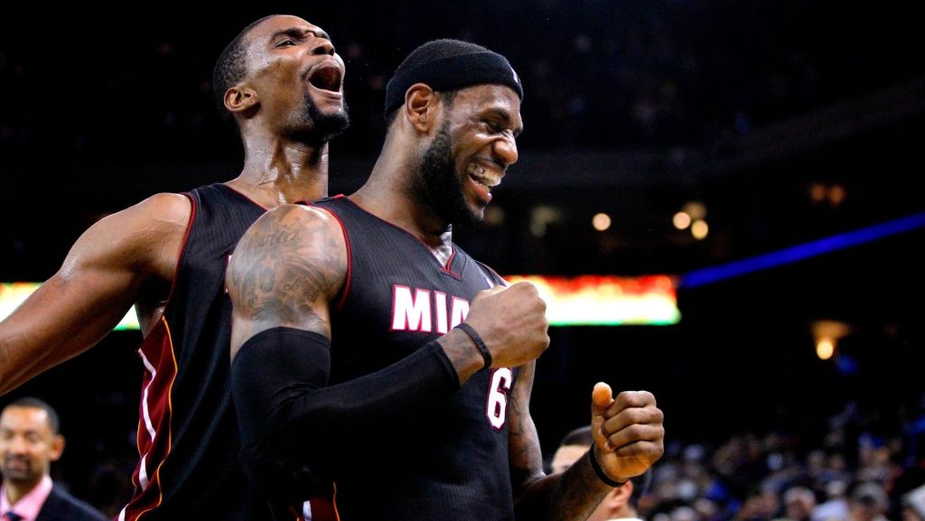 Feb 12, 2014; Oakland, CA, USA; Miami Heat forward LeBron James (6) is congratulated by Miami Heat center Chris Bosh (1) after the Heat defeated the Golden State Warriors 111-110 at Oracle Arena. Mandatory Credit: Cary Edmondson-USA TODAY Sports