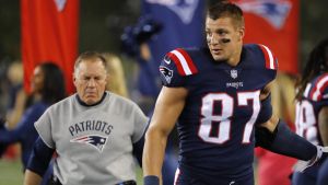 Sep 22, 2016; Foxborough, MA, USA; New England Patriots tight end Rob Gronkowski (87) and Patriots head coach Bill Belichick walk along the sidelines before their game against the Houston Texans at Gillette Stadium. Mandatory Credit: Winslow Townson-USA TODAY Sports