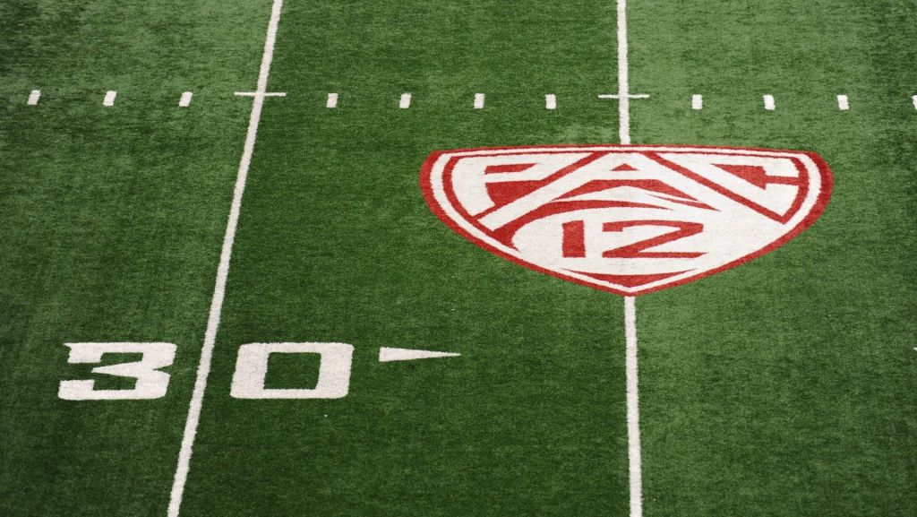 Nov 25, 2016; Pullman, WA, USA; General view of the Pac-12 logo on the field before the game between the Washington Huskies and the Washington State Cougars at Martin Stadium. Mandatory Credit: James Snook-USA TODAY Sports
