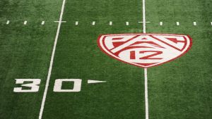 Nov 25, 2016; Pullman, WA, USA; General view of the Pac-12 logo on the field before the game between the Washington Huskies and the Washington State Cougars at Martin Stadium. Mandatory Credit: James Snook-USA TODAY Sports