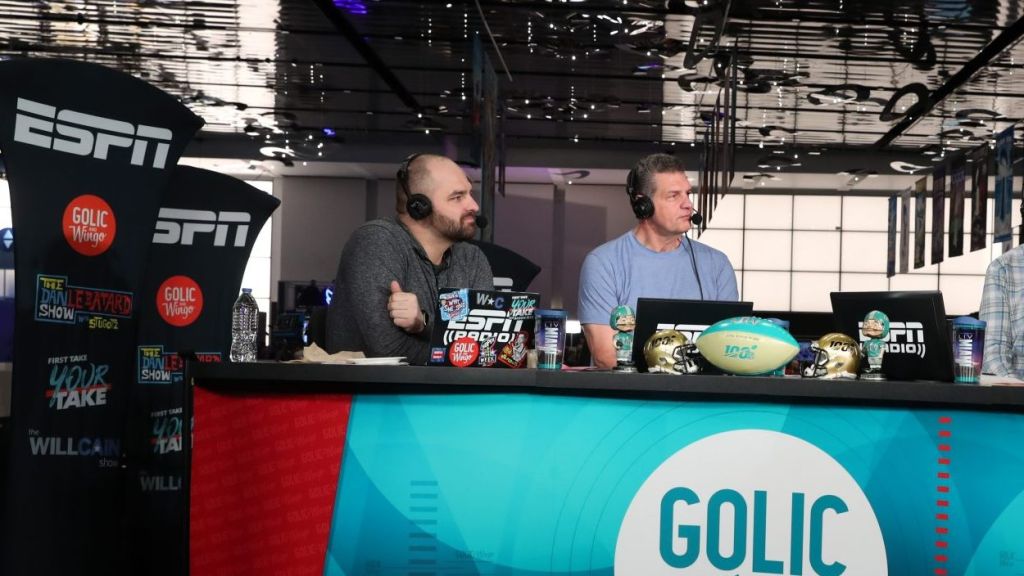 Miami Beach, FL - January 31, 2020 - Miami Beach Convention Center: Mike Golic Jr (l), Mike Golic Sr, Trey Wingo and Drew Brees on the set of Golic and Wingo during Super Bowl LIV week. (Photo by Allen Kee / ESPN Images)