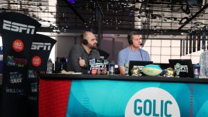 Miami Beach, FL - January 31, 2020 - Miami Beach Convention Center: Mike Golic Jr (l), Mike Golic Sr, Trey Wingo and Drew Brees on the set of Golic and Wingo during Super Bowl LIV week. (Photo by Allen Kee / ESPN Images)