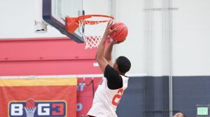 Mar 19, 2022; Scottsdale, AZ, United States; Victor Evans (26) jumps to dunk the ball at Victorium. Basketball Big3 Tryouts