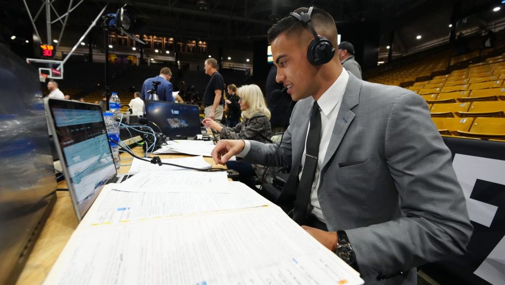 Jan 7, 2023; Boulder, Colorado, USA; PAC 12 sports broadcaster Jacob Tobey prior to the game between the Oregon State Beavers against the Colorado Buffaloes at CU Events Center. Mandatory Credit: Ron Chenoy-USA TODAY Sports